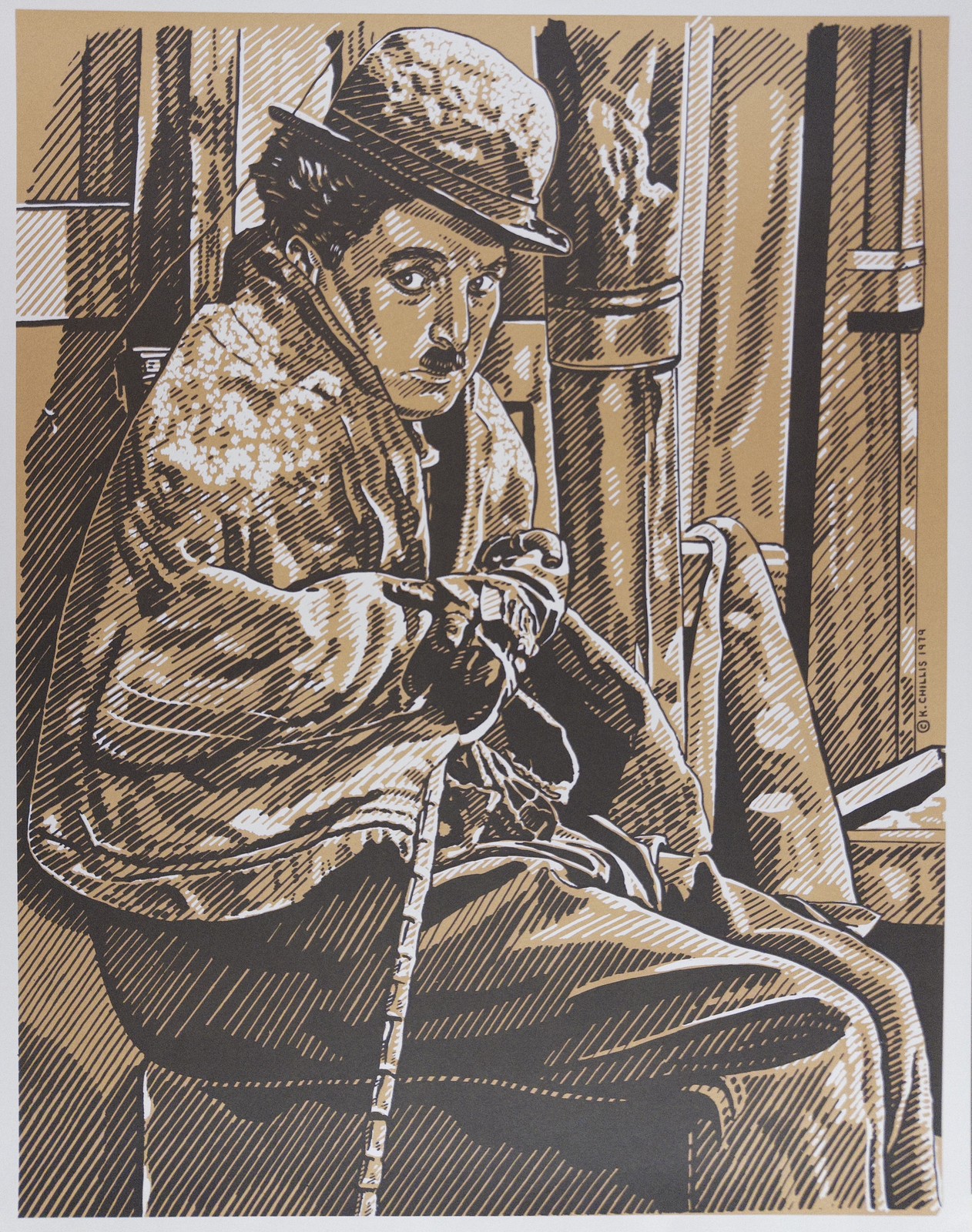 Pristine vintage Charlie Chaplin Tramp lithograph by K. Chillis 1979 • MINT • RA