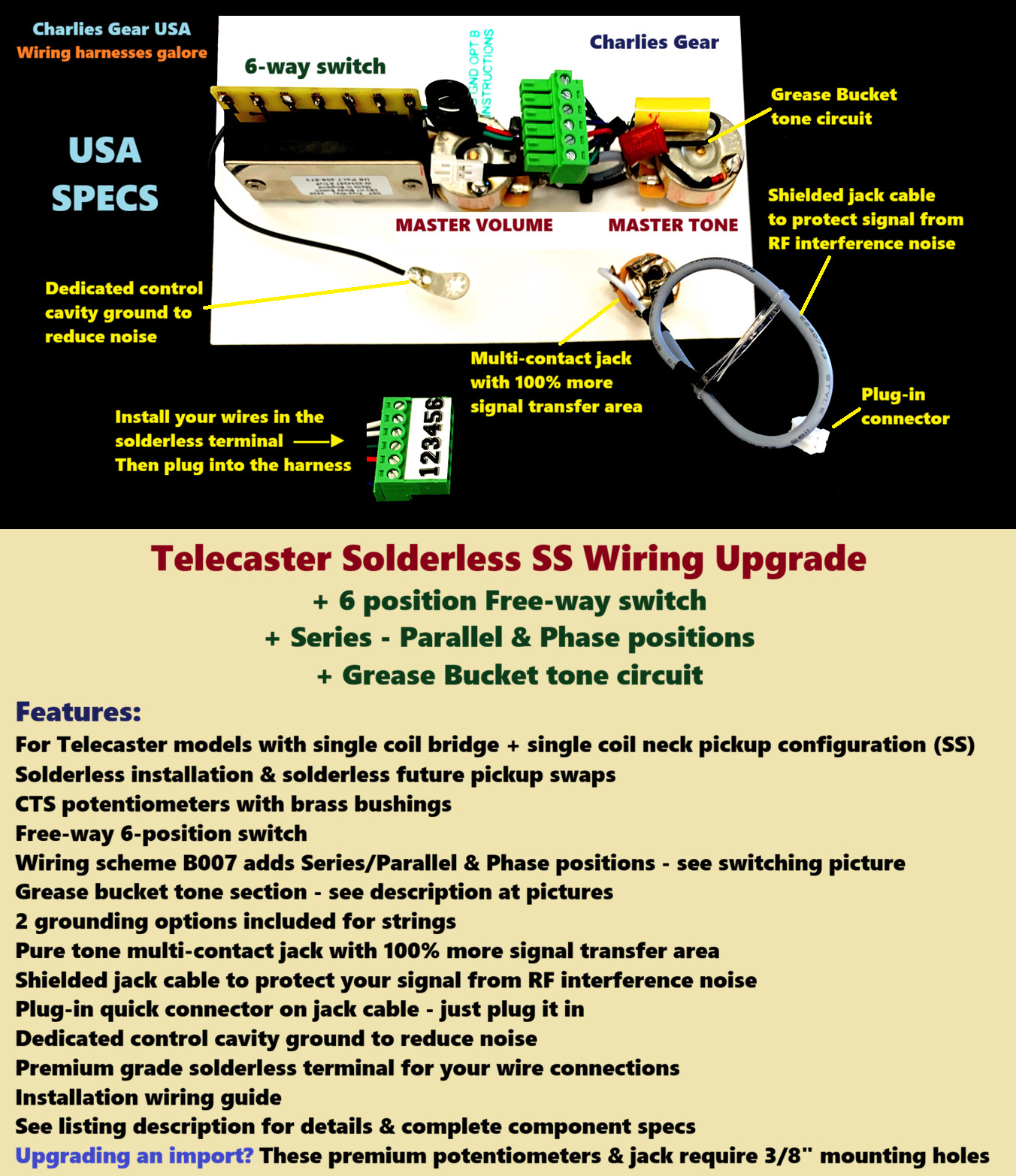 Tele Solderless SS Wiring Upgrade + 6-way +Series/Parallel/Phase + Grease Bucket