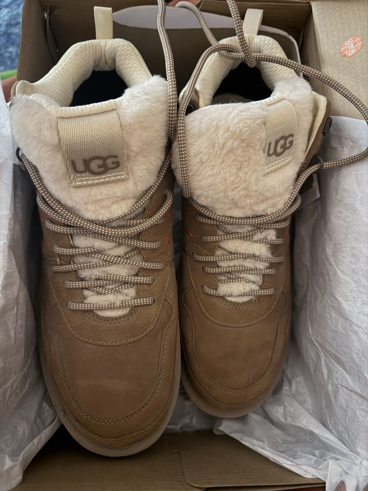 UGG Waterproof Leather Shearling Fur Trim Ankle Bootie Lace Up Round Toe UGG Waterproof Leather Shearling Fur Trim Ankle Bootie Lace Up Round Toe