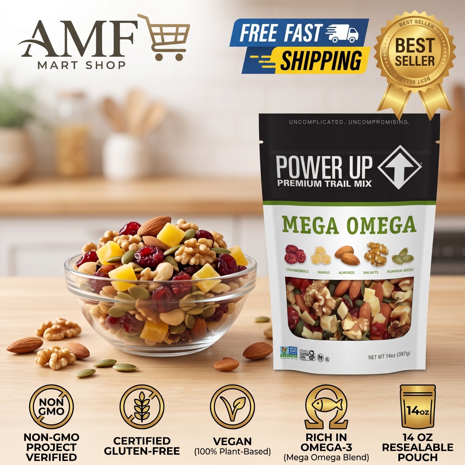 Power Up Mega Omega Trail Mix from Gourmet Nut, Resealable Bag, 14 oz,
