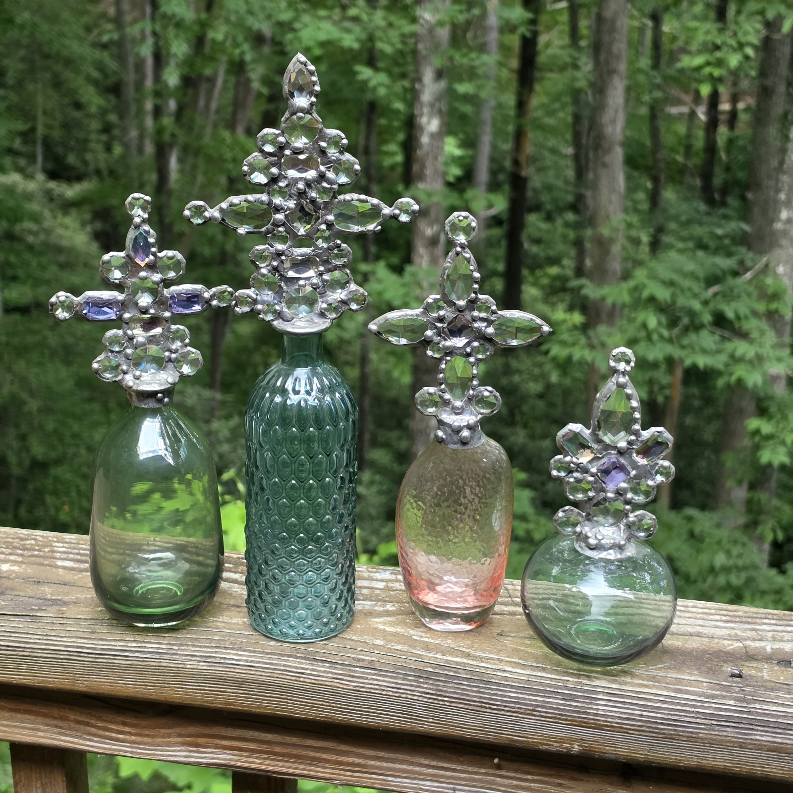 Lot 4 Vtg Artisan Hand Soldered Crystal Cross Glass Bottles Decanter Shabby Art