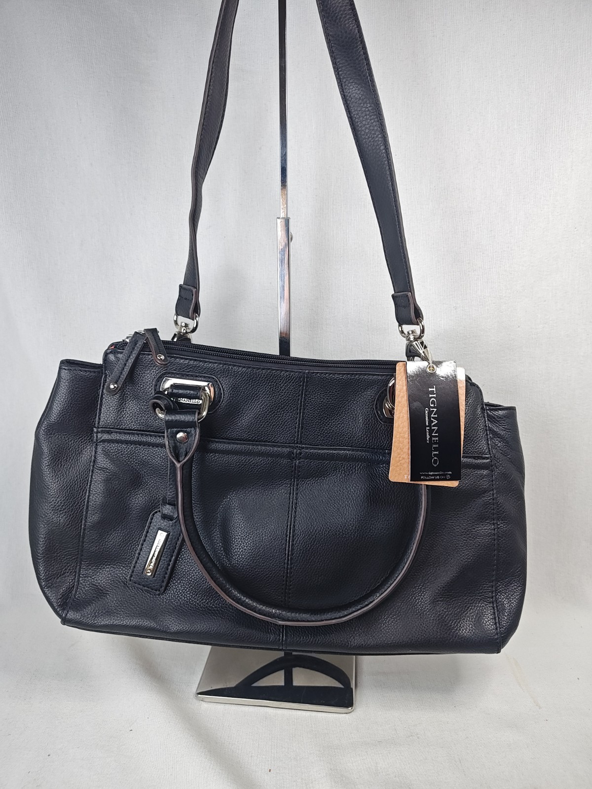 Tignanello Perfect Pockets Shopper Black Pebble Leather Tote Purse NWT