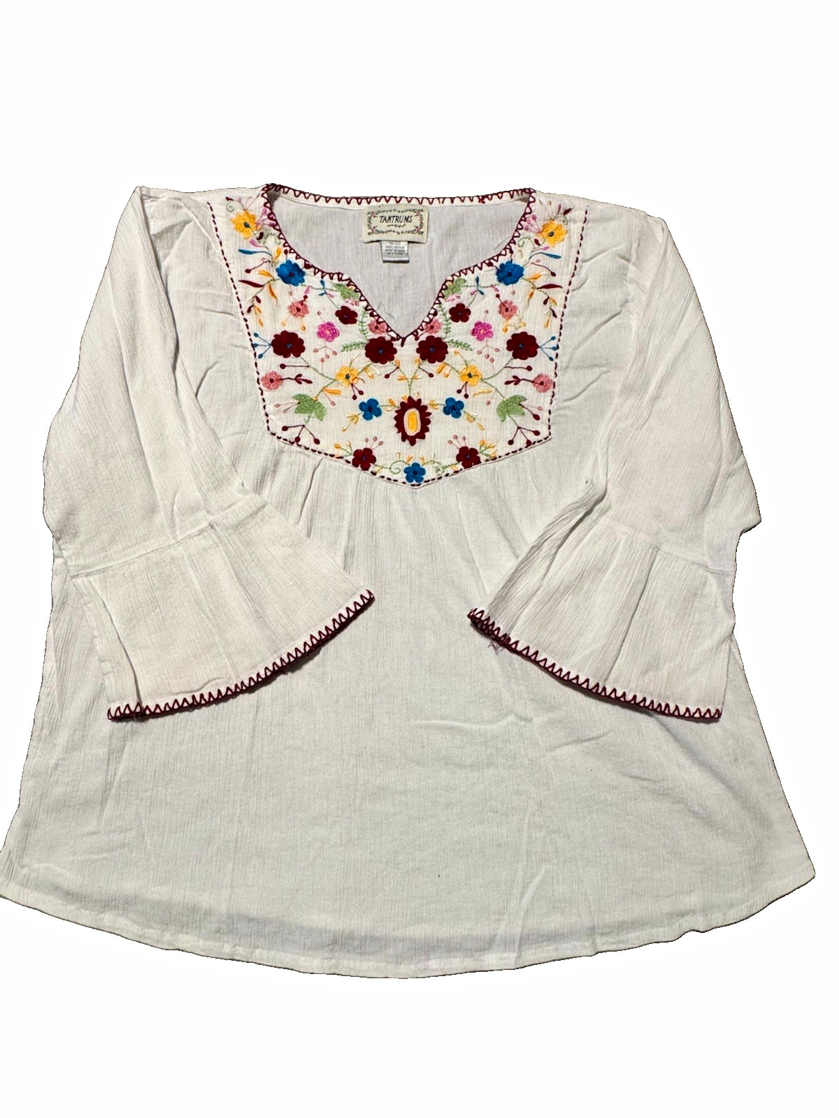 Tantrums Women’s 18/20 White Embroidered Floral V-Neck 3/4 Bell Tunic Blouse