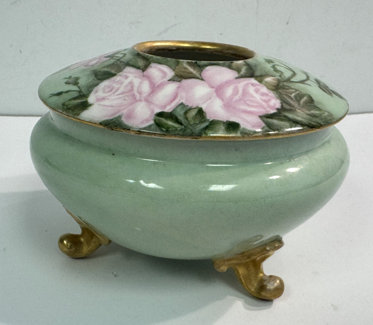 Antique GDA Limoges France Hand Painted Green Gold Hair Receiver Jar