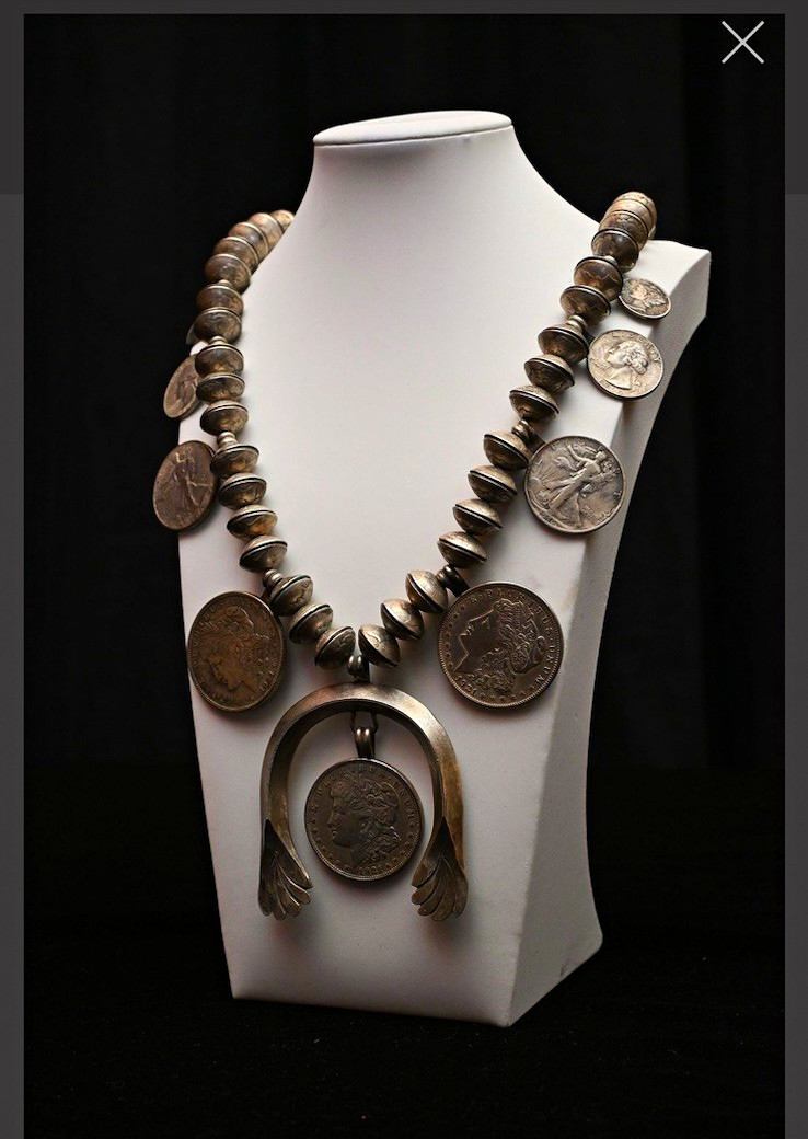 Vintage Navajo Morgan Dollar Silver Bead Squash Blossom Necklace