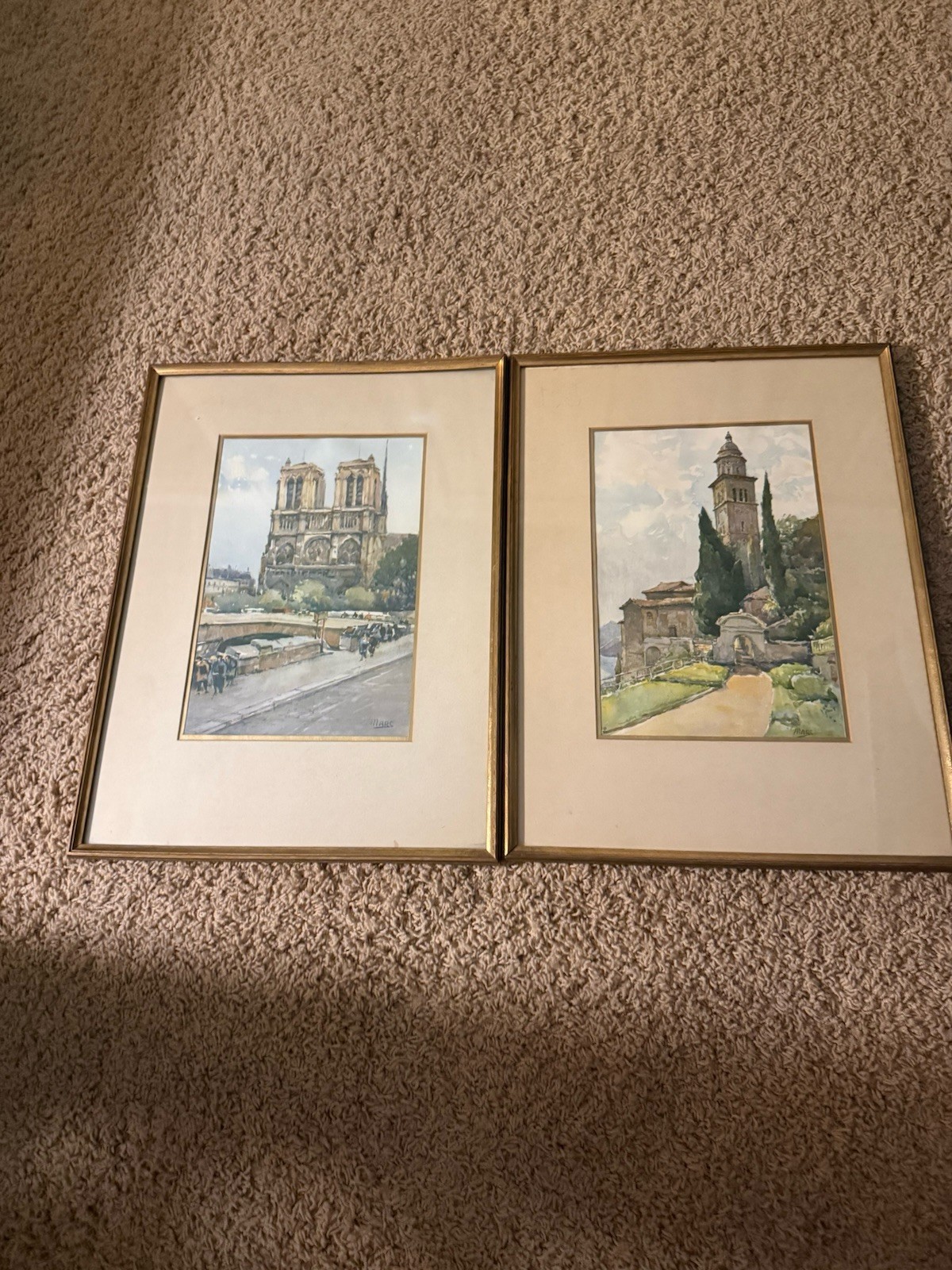Pair of Original Signed MARS Watercolors – Framed French/European Artwork