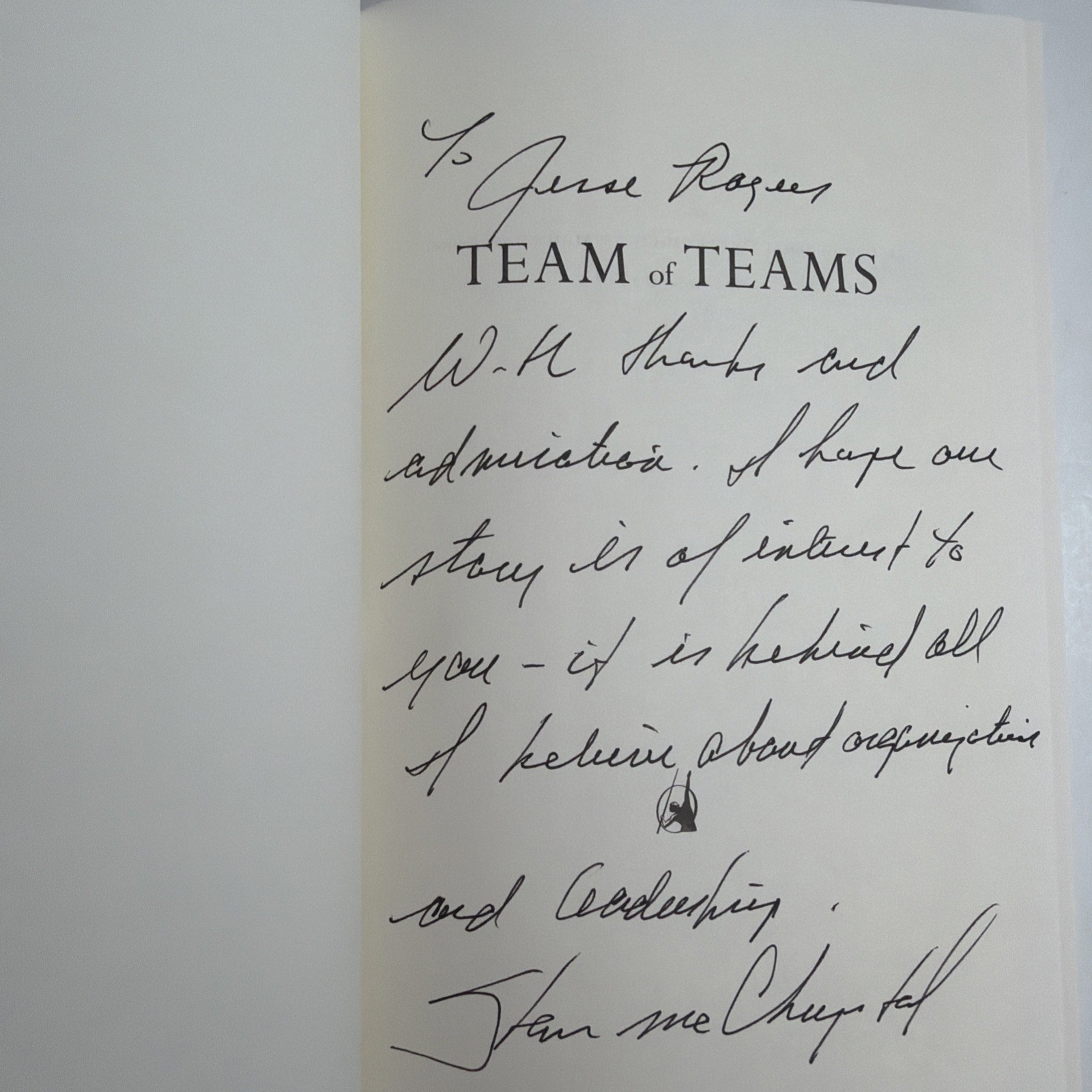 Team of Teams Stanley McChrystal Signed Inscribed to Jesse Rogers HCDJ w A Card