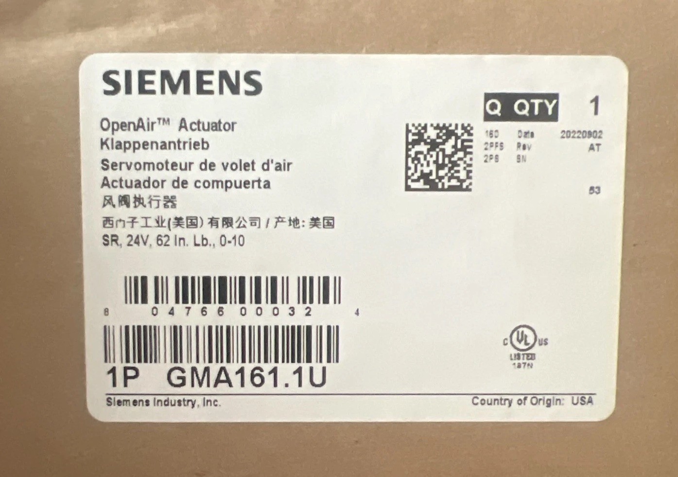 SIEMENS GMA126.1U OPENAIR ACTUATOR SR 24V 62 IN LB 2P AUX BRAND NEW IN BOX