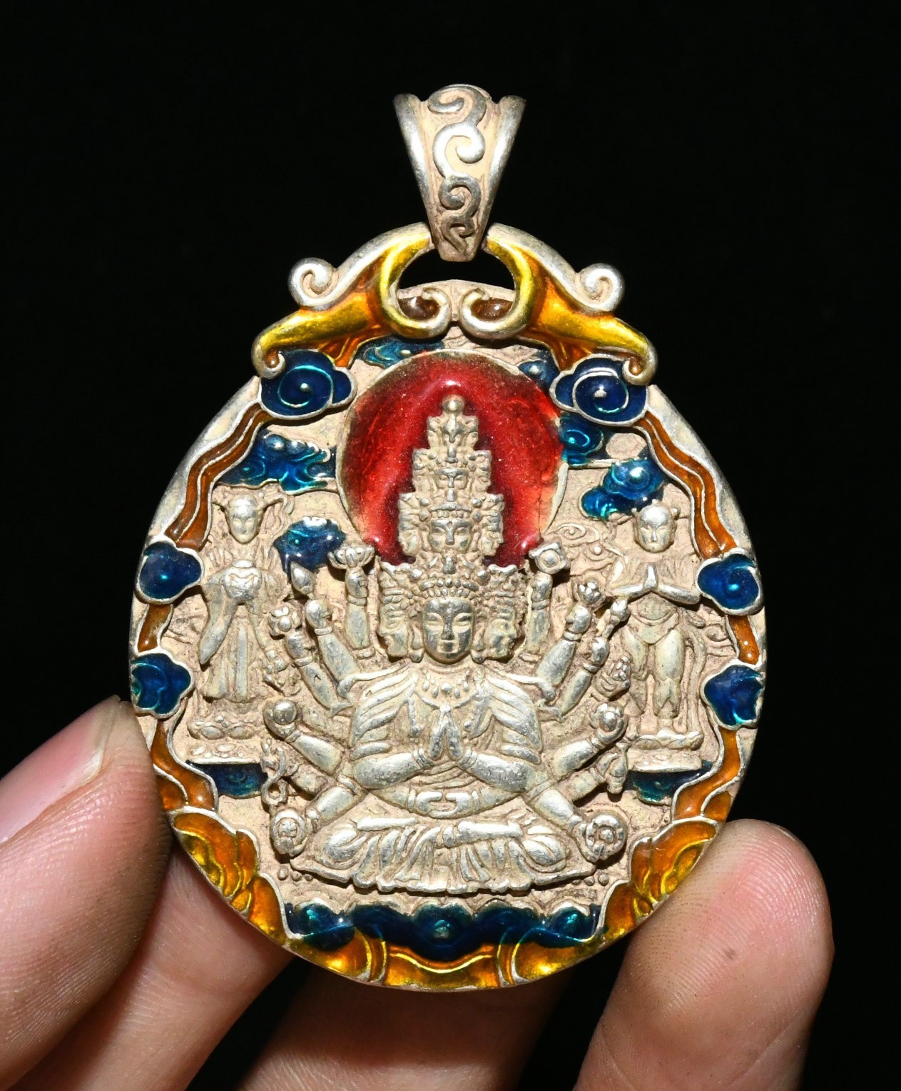 2.5\'\'Old Chinese Bronze Silver 18 Hands Maha Cundi Mother Buddha Amulet Pendant