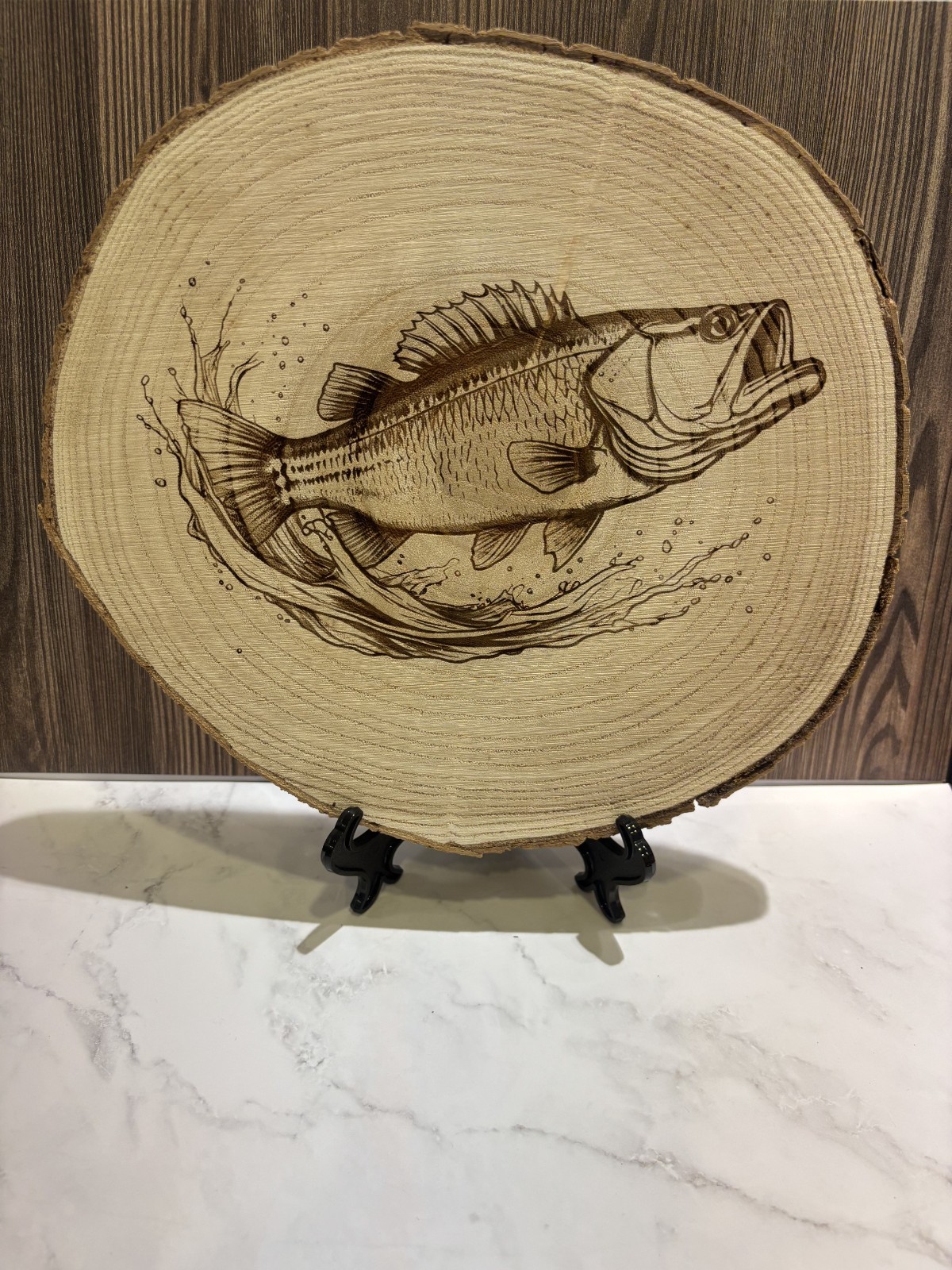Laser Engraved Wood Slice Largemouth Bass Fishing Rustic Cabin Decor 8-9 Inch Laser Engraved Wood Slice Largemouth Bass Fishing Rustic Cabin Decor 8-9 Inch