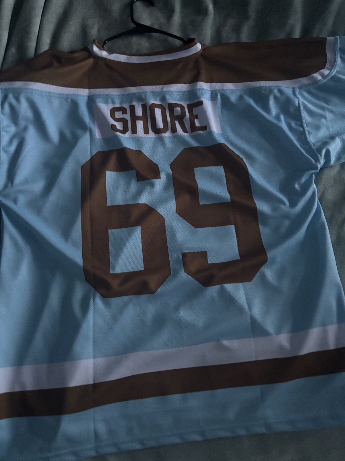 Shoresy Hockey Jersey L Light Blue Brown White Bulldog Logo Captain Large Shoresy Hockey Jersey L Light Blue Brown White Bulldog Logo Captain Large