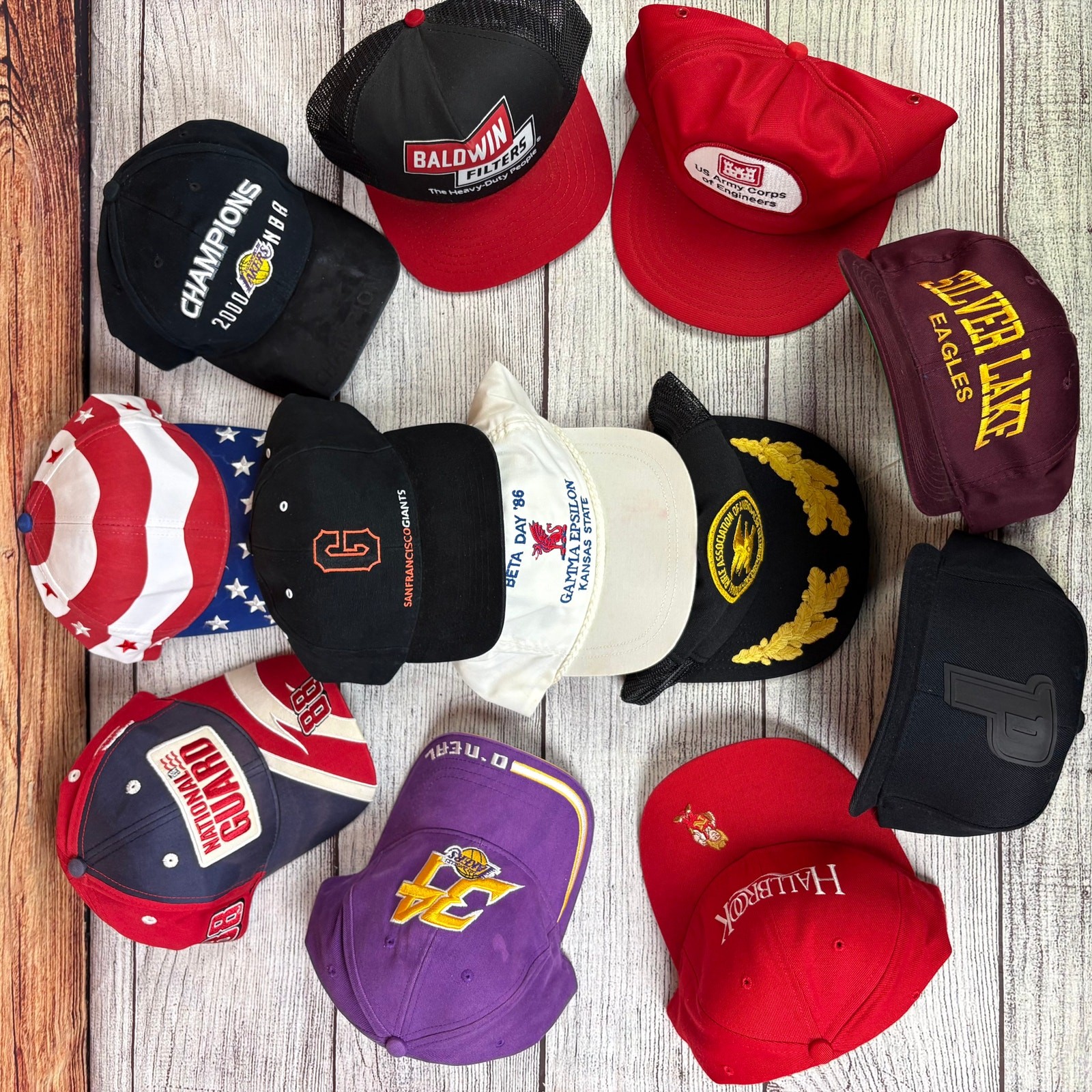 Vintage 12pc Sports, School, & Trucker Snapback Hat Bundle Lot made in USA Vintage 12pc Sports, School, & Trucker Snapback Hat Bundle Lot made in USA