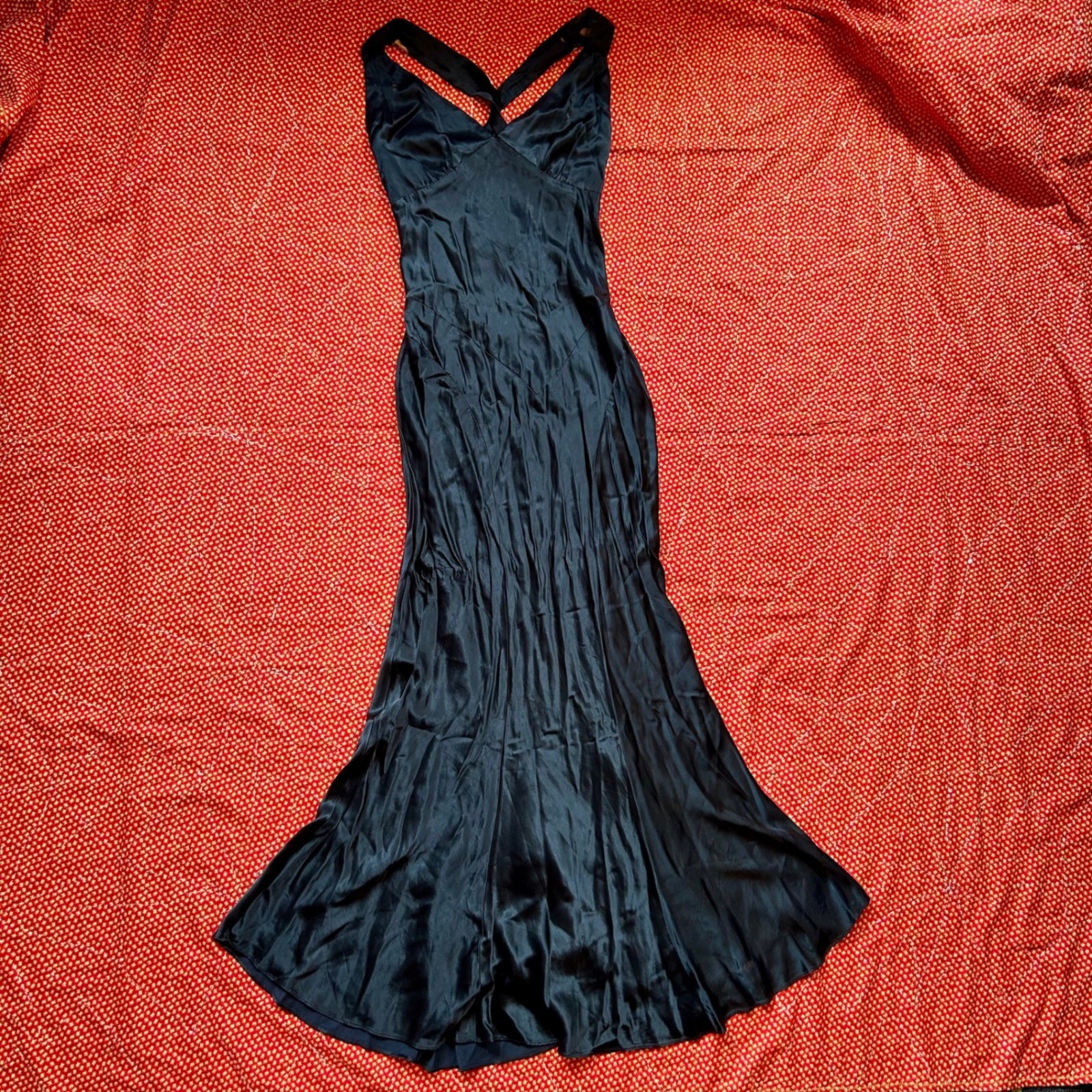 Antique 1930s black bias cut rayon satin maxi length slip dress gown cross back Antique 1930s black bias cut rayon satin maxi length slip dress gown cross back