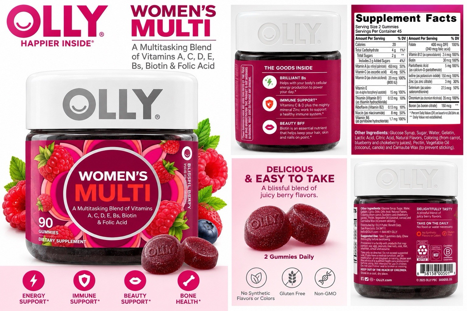 2 pack OLLY Women\'s Multi gummies berry 90ct Each EXP 08/2027