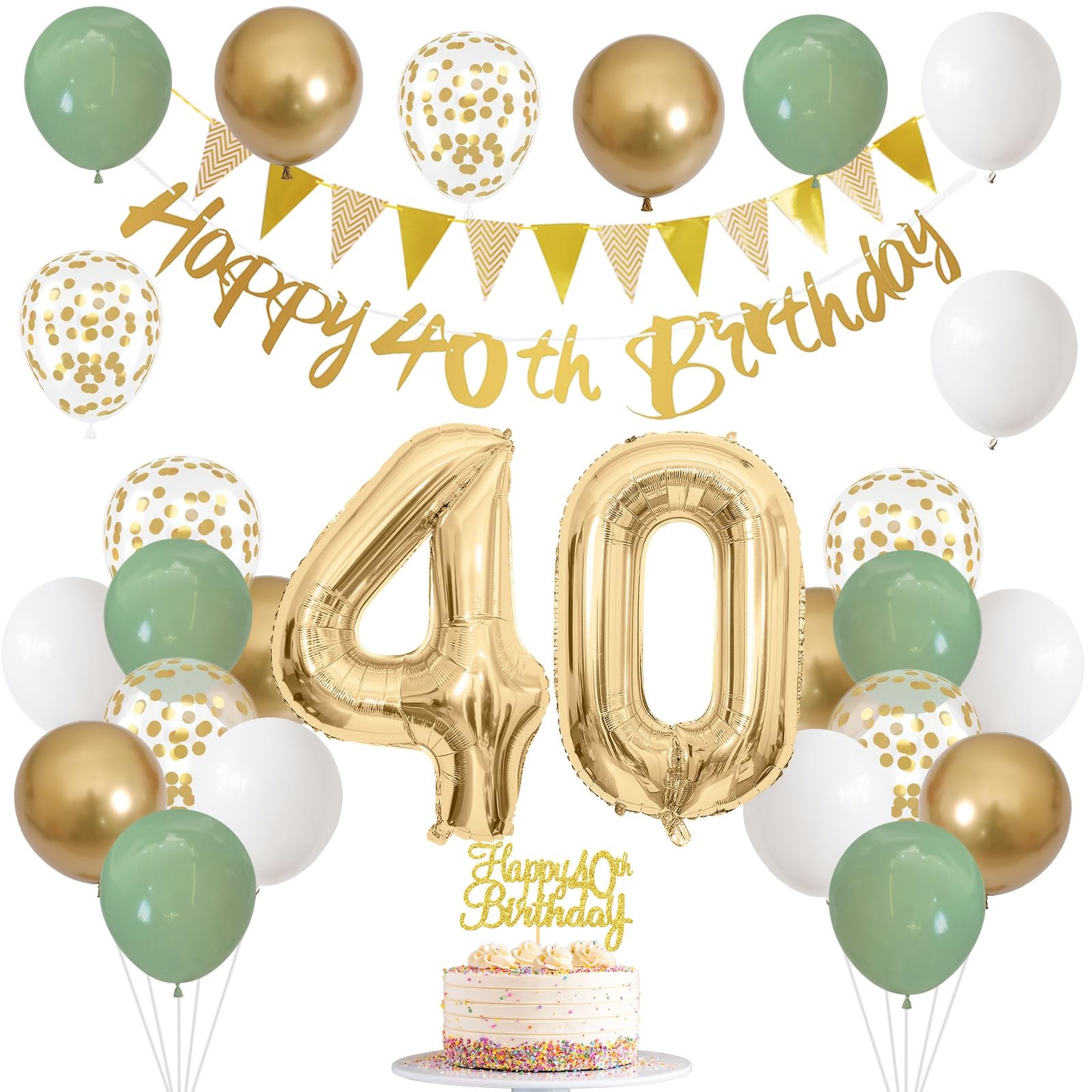 40th Birthday Decorations for Women, Sage Green White Gold 1986 Happy 40th