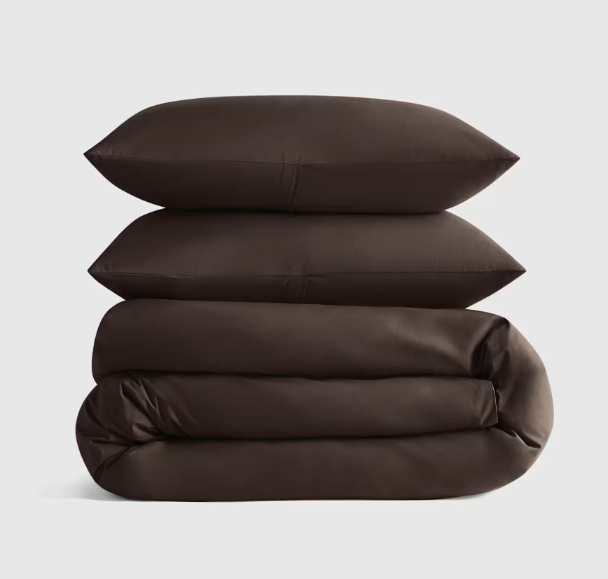 QUINCE Organic Crisp Percale Duvet Cover Set Full/Queen Espresso 3 Pc NWOT