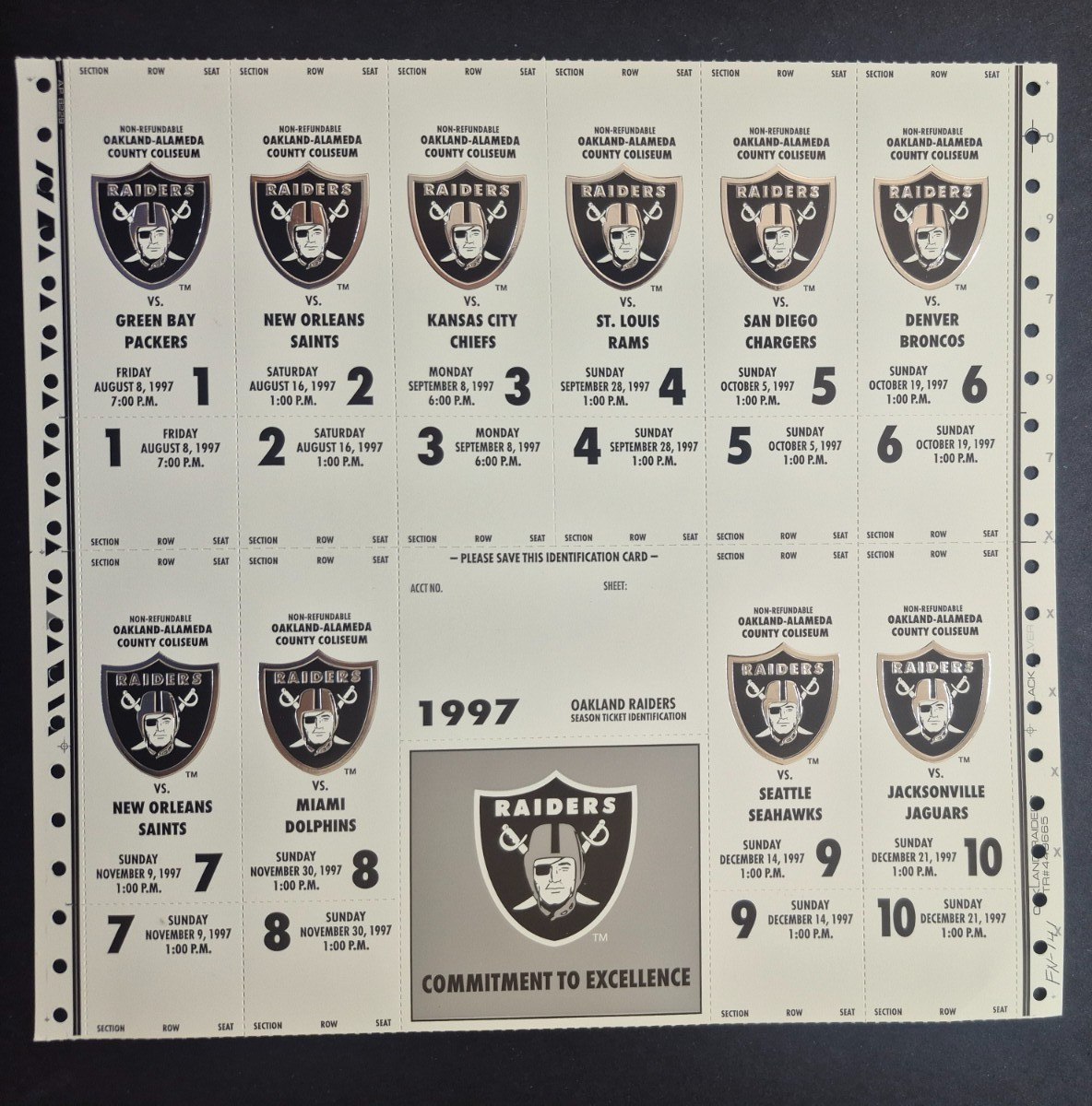 An uncut sheet of 1997 Oakland Raiders season ticket stubs, Mint