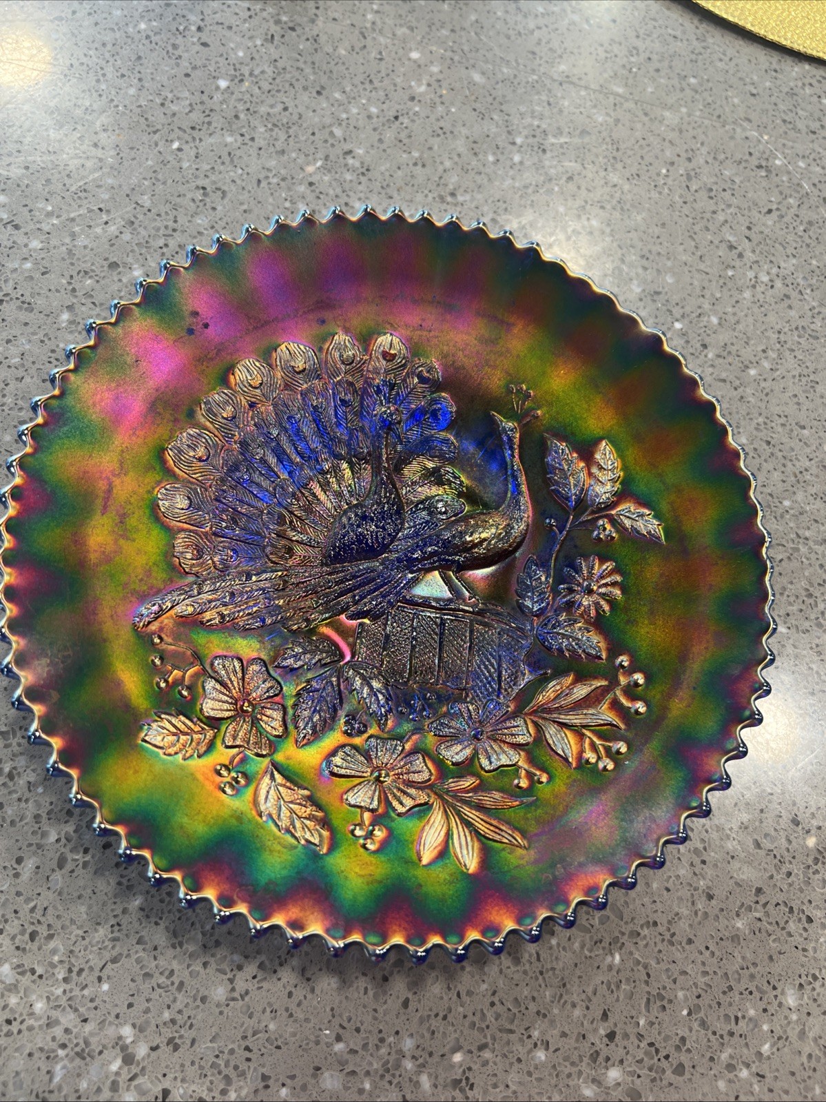 Northwood Metallic Shimmer Blue Peacocks On The Dance Ribbed Back Carnival Glass Northwood Metallic Shimmer Blue Peacocks On The Dance Ribbed Back Carnival Glass