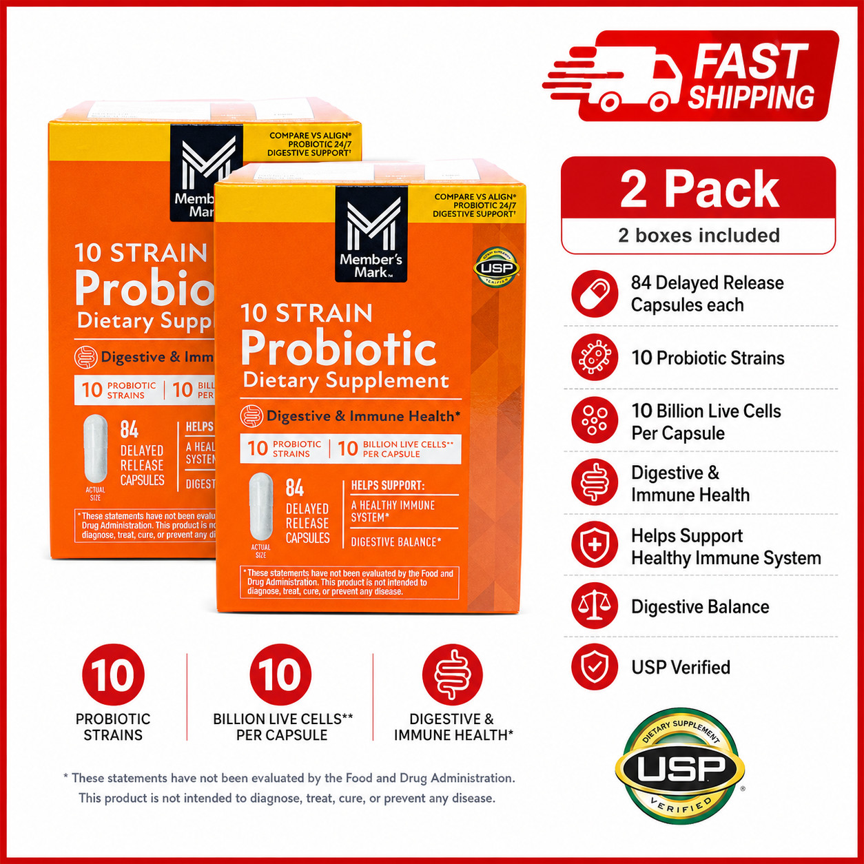 2 Pack Member\'s Mark 10 Strain Probiotic 84 Capsules