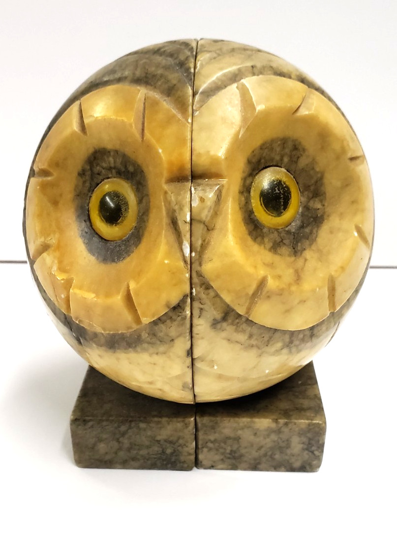 Vintage Italian Hand Carved Alabaster Marble Stone Owl Head Paperweight Mid Cent