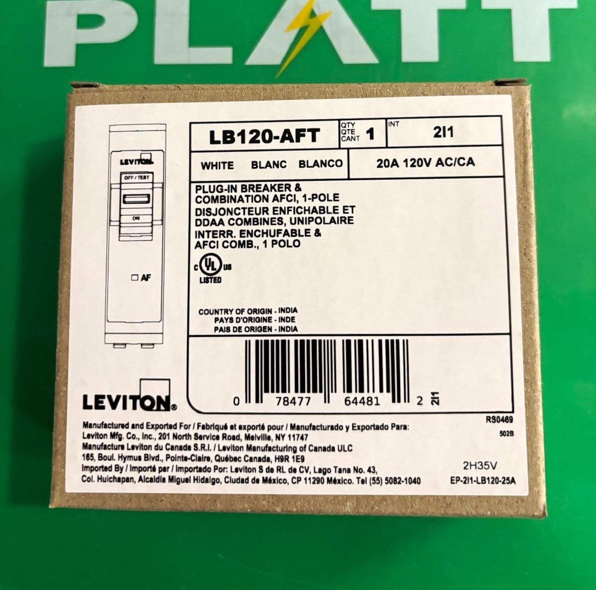 Leviton LB120-AFT 20A 120V 1-Pole Plug-In AFCI Circuit Breaker, White