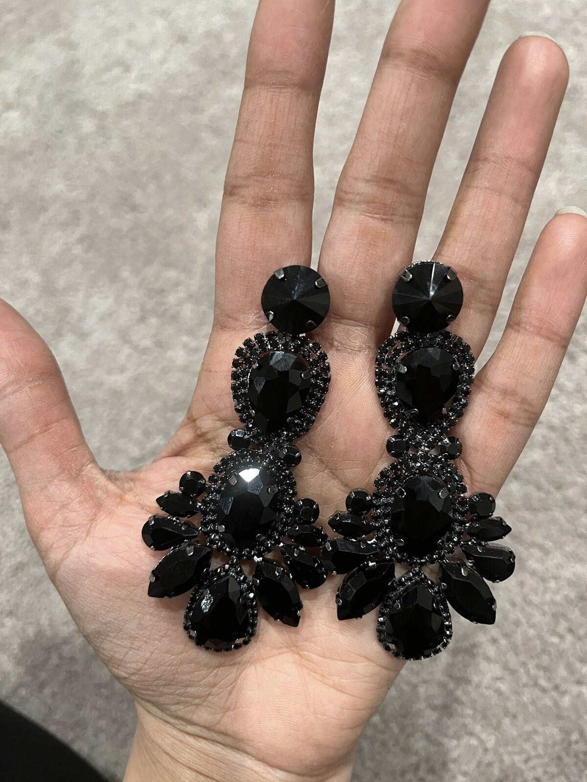 Black Earrings Large Big Jet Pierced Rhinestone Chandelier Crystal Pageant