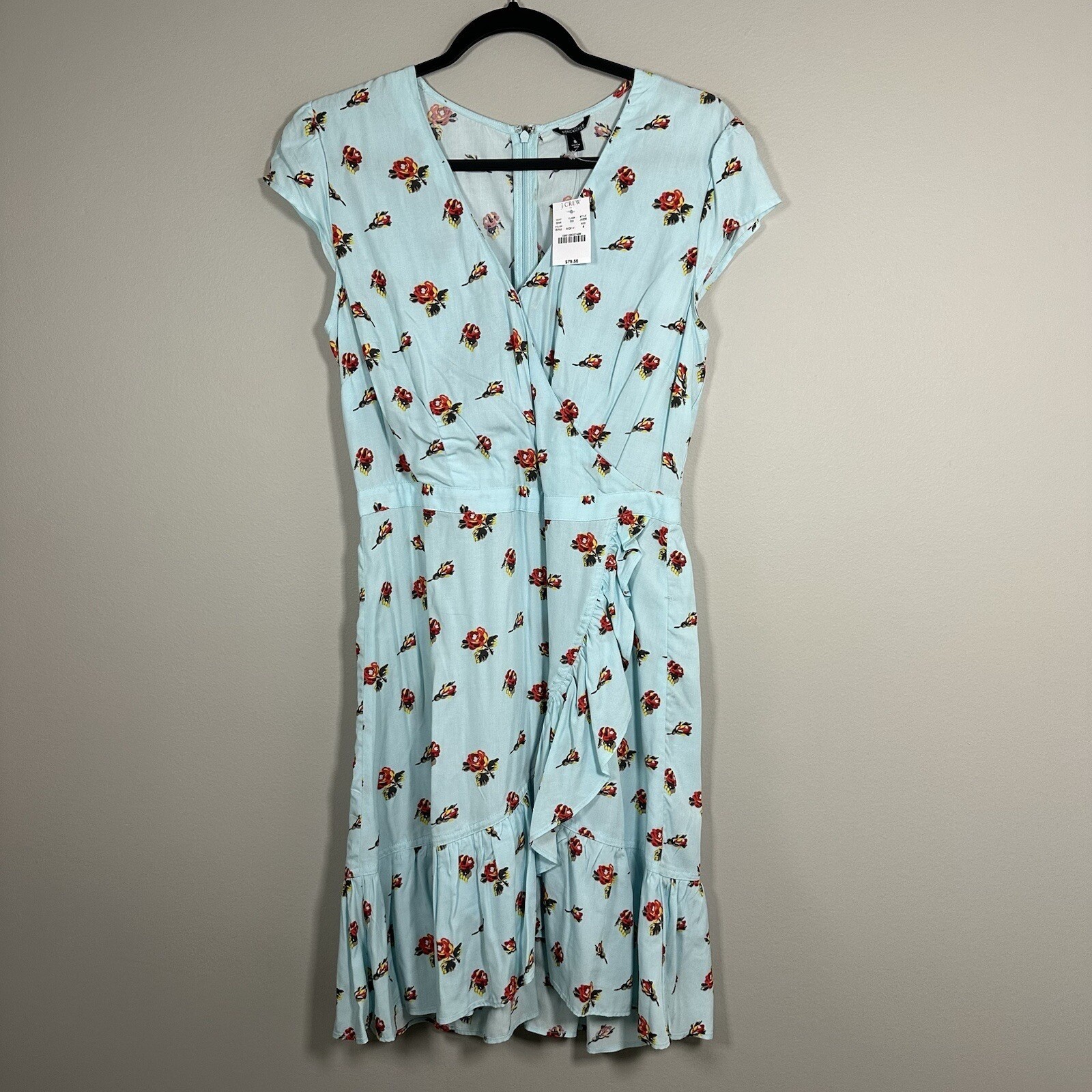 NWT J.Crew Mercantile Size 8 Dress Blue Short Sleeve Floral Rose FauxWrap Ruffle