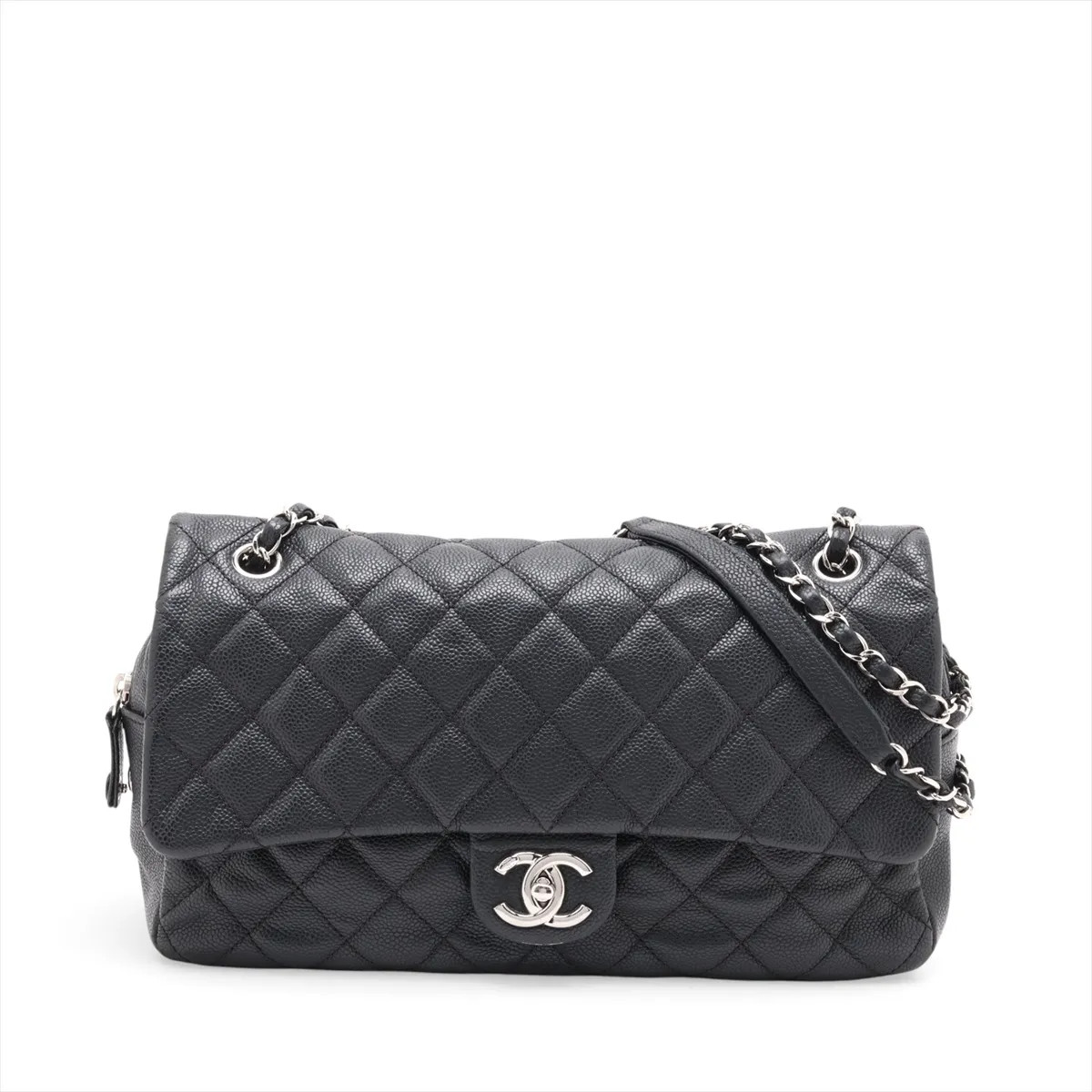 Chanel Matelasse Caviar Skin Single Flap Double Chain Bag Black Silver Metal Fit
