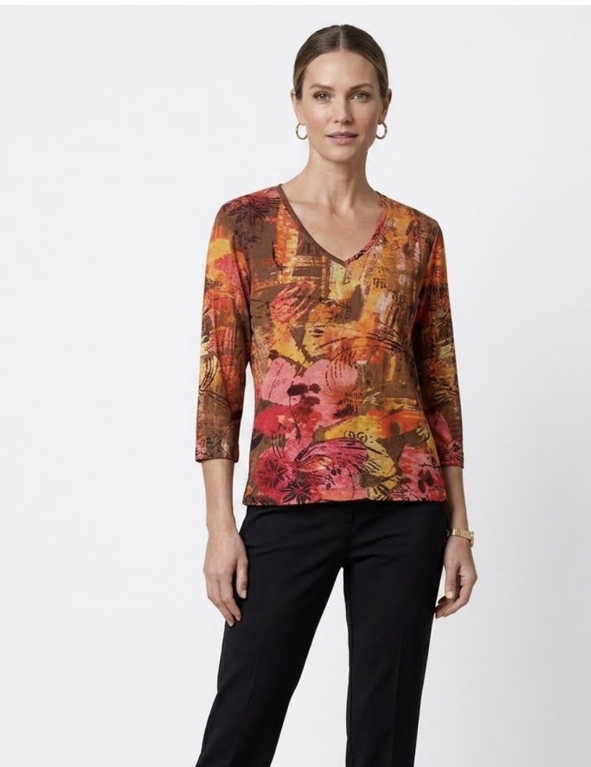 Chico\'s Top Women\'s Size L Brown Abstract 3/4 Sleeve V-Neck Pullover Blouse Chico\'s Top Women\'s Size L Brown Abstract 3/4 Sleeve V-Neck Pullover Blouse
