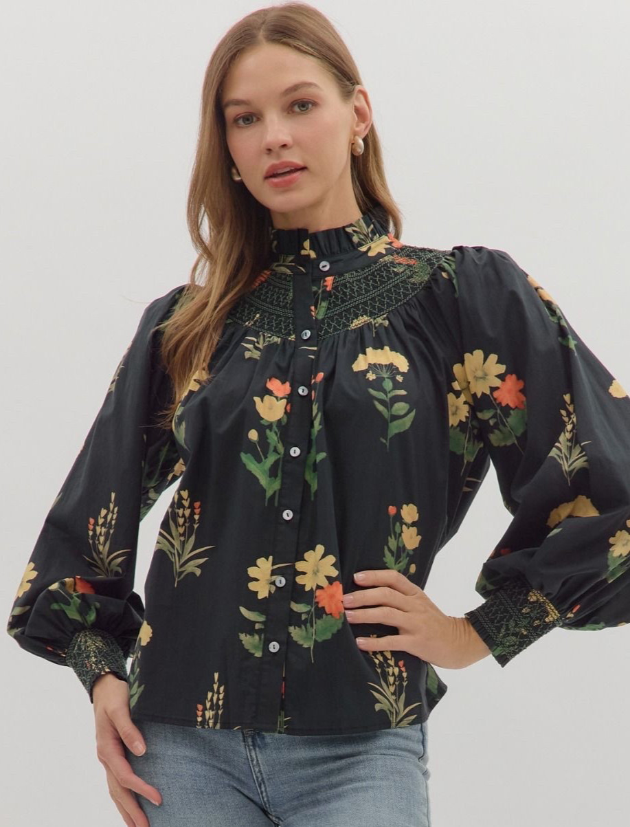 Entro Women’s Floral Smocked Detail Button Front Long Sleeve Top in Black Entro Women’s Floral Smocked Detail Button Front Long Sleeve Top in Black