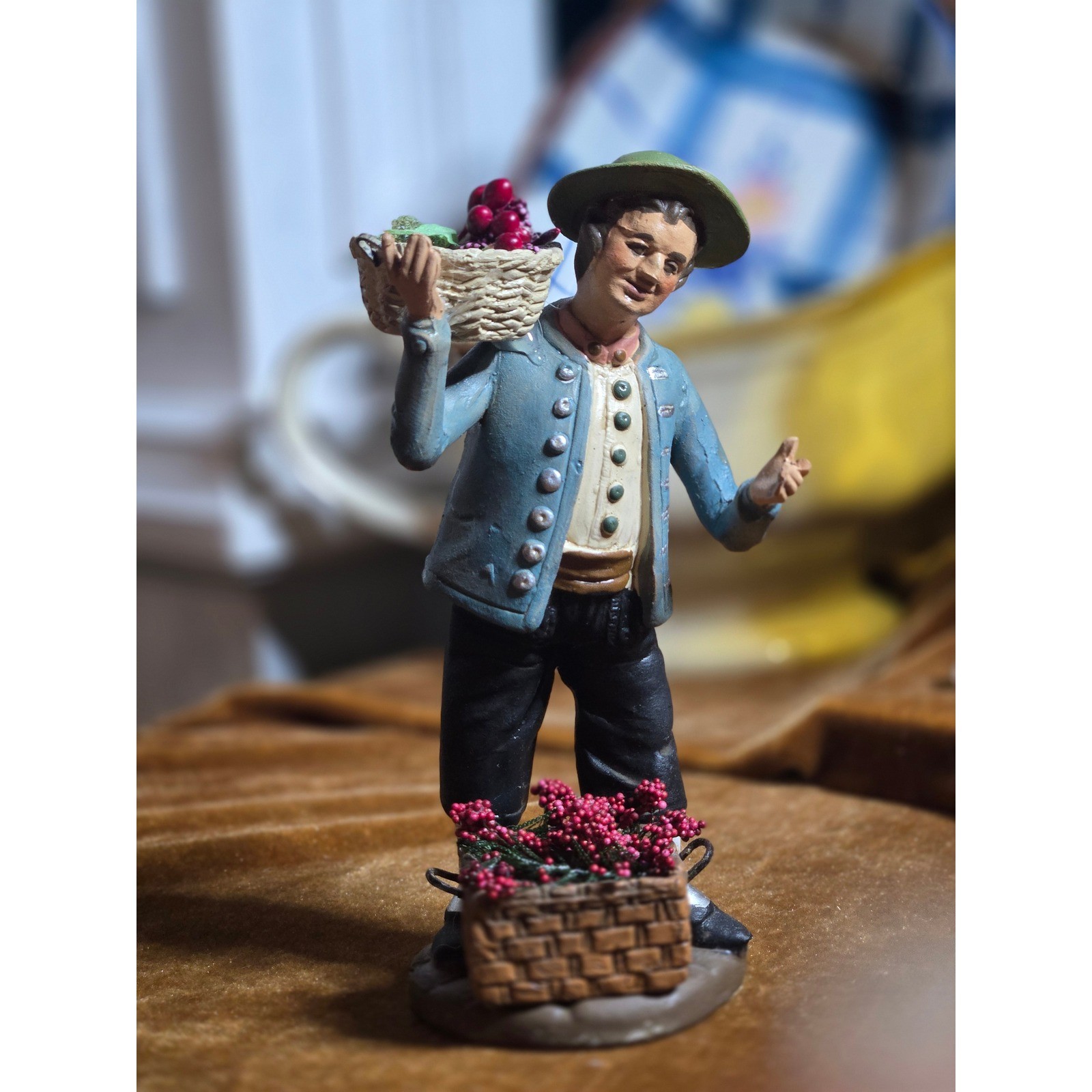 Vintage Hand Painted Terracotta Grape Harvester Figurine, Signed Base