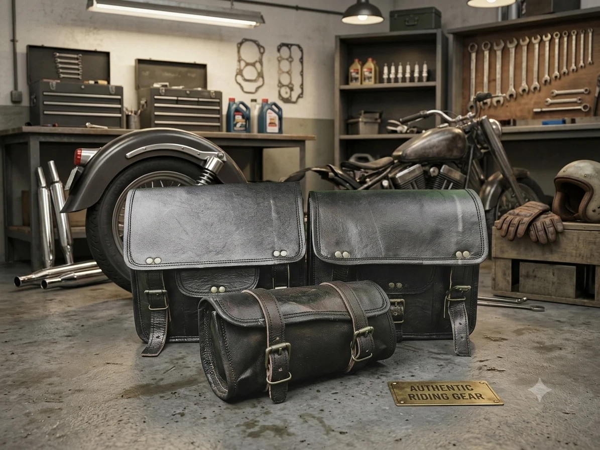 Real Black Goat Leather Master Crafted Bag Combo Panniers Tool Pouch Side Bag