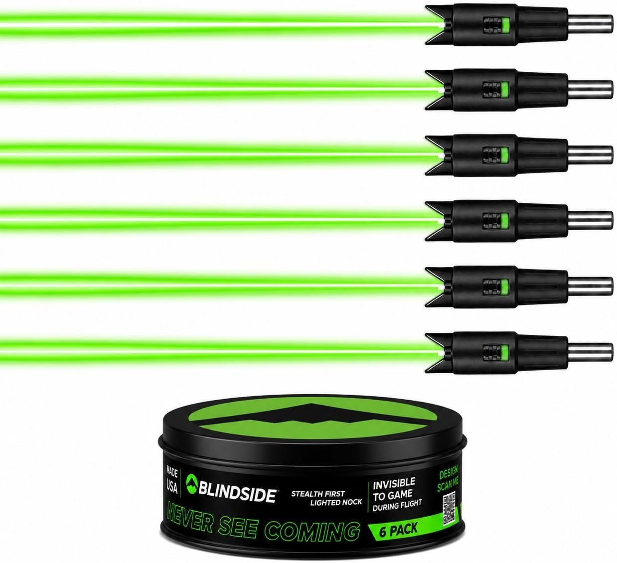 NEW BLINDSIDE Lighted Crossbow Nocks Green, .300 Moon Nock for Bolts - 6 Pack