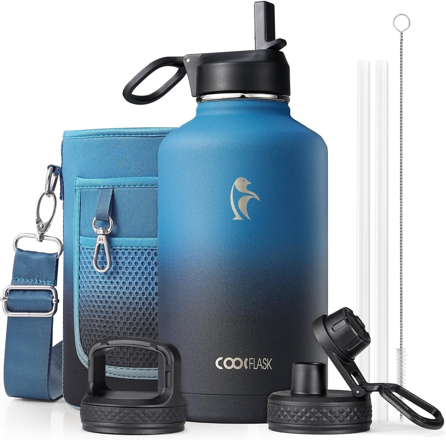 Half Gallon Water Bottle Insulated with Straw & 3 Lids,  64 Oz Water Jug Large M