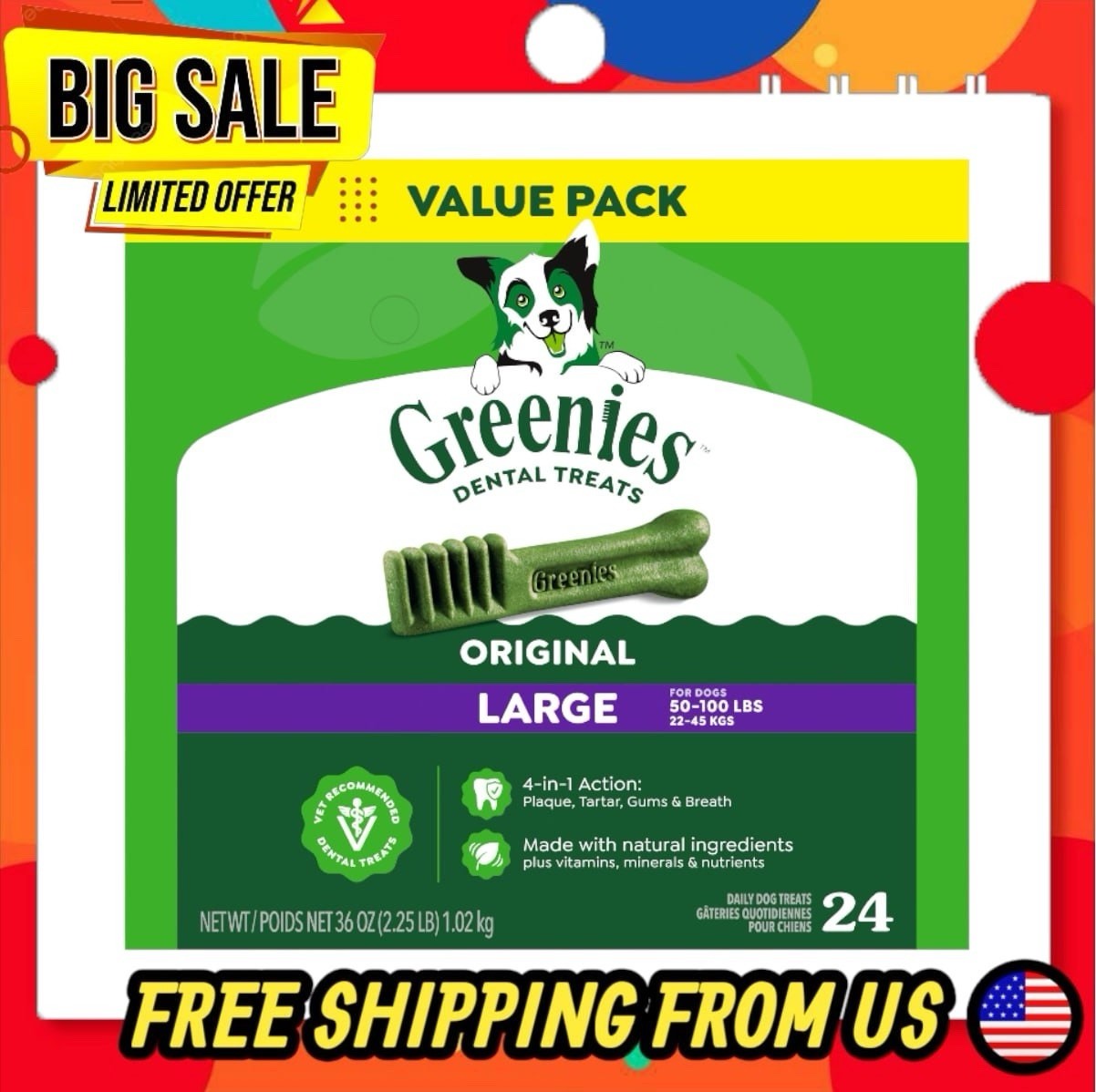 GREENIES Original LARGE Natural Dog Dental Care Chews ,36 oz. Pack (24 Treats)