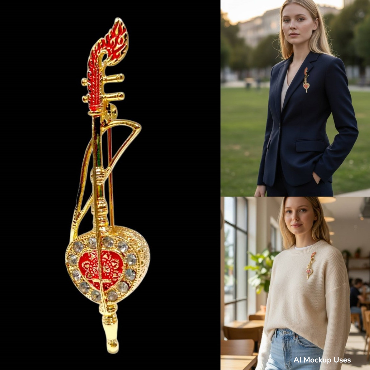 Enamel Rhinestone Brooch Pin Thai Music Stringed Instrument Saw Sam Sai Violin