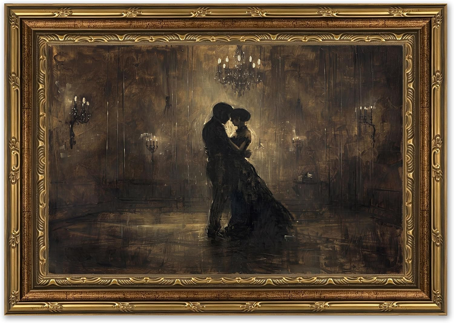 Vintage Gold Framed Moody Romantic Couple Canvas Wall Art, Victorian Ballroom Pa