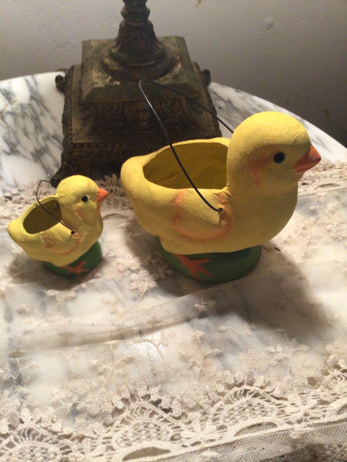 Vintage Bethany Lowe ?Chicken & Chick Papier Mache~ SET Candy Containers- Easter