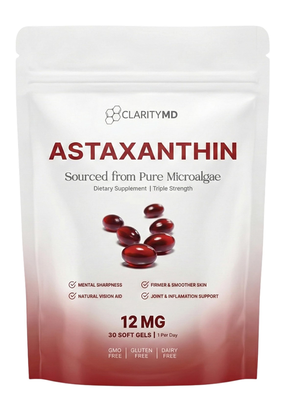 ClarityMD Astaxanthin 12mg Antioxidants 30 Count (Pack of 1), White ClarityMD Astaxanthin 12mg Antioxidants 30 Count (Pack of 1), White