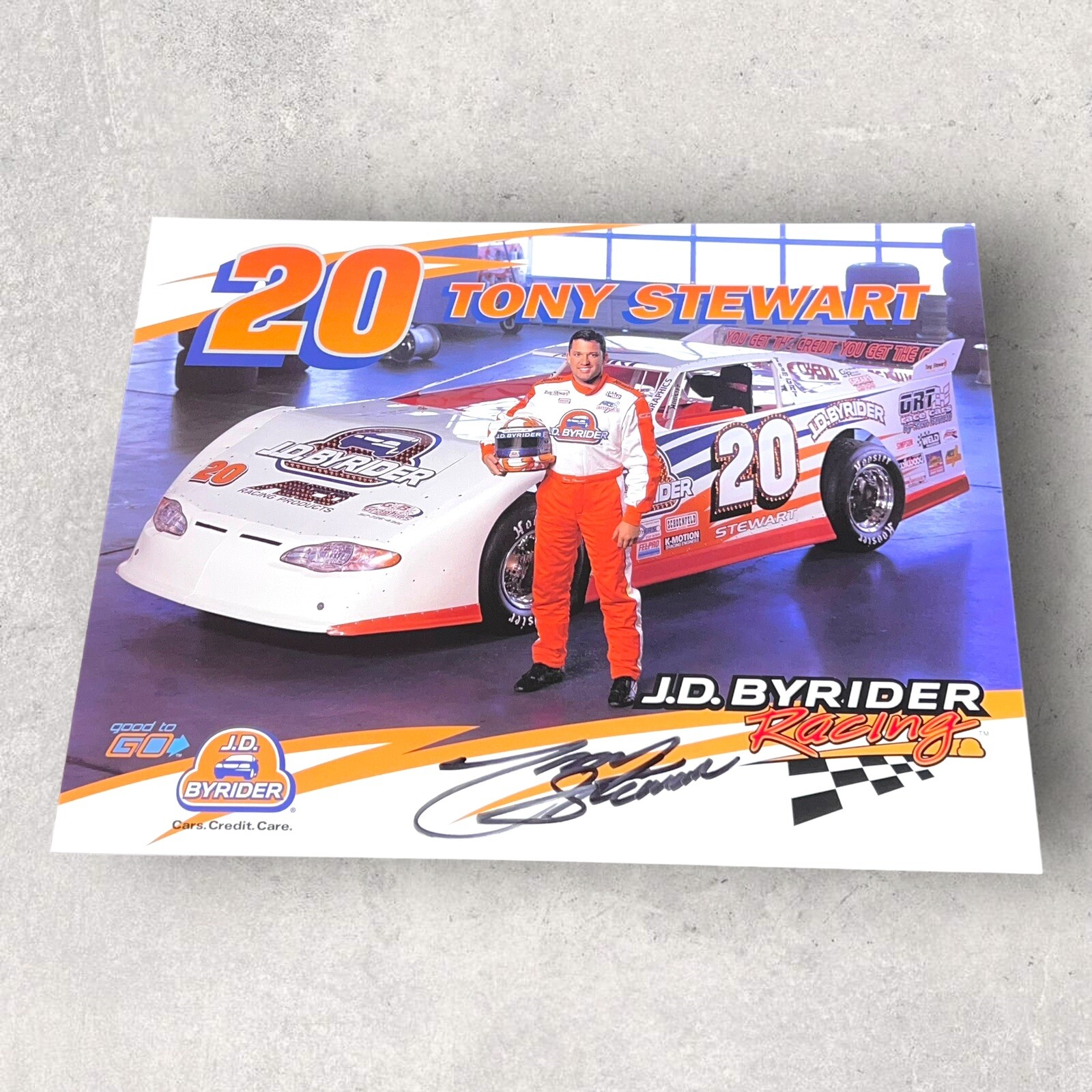 Tony Stewart HOF 2002 DIRT LATE MODEL #20 JD BYRIDER 8x10 autographed HERO photo