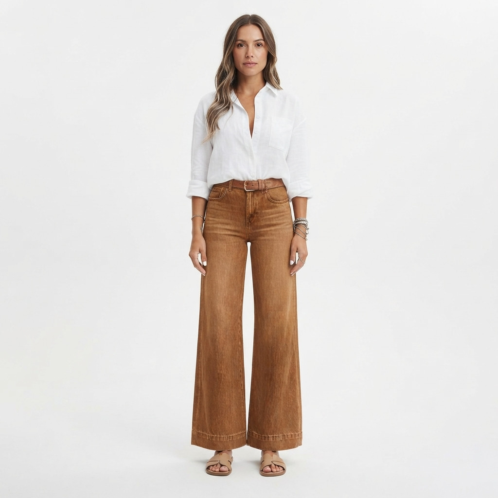 Women's High Waist Wide Leg Jeans Camel Brown Stretch Denim Pants