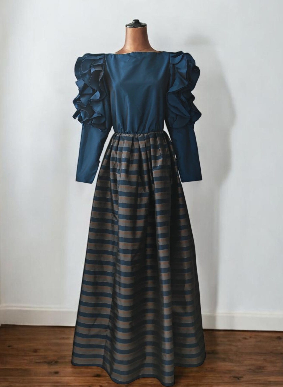 Vintage 70s Women Dress Evening Cocktail Party Taffeta Stipes Ruffles Quirky XS