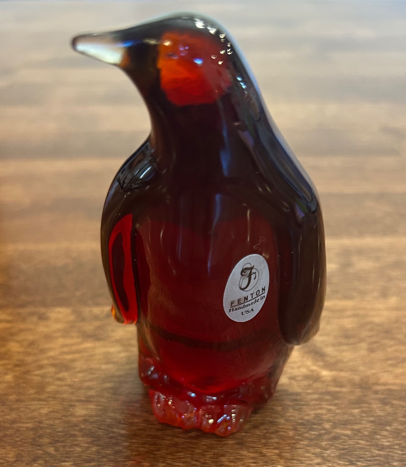 FENTON ART GLASS RUBY AMBERINA PENGUIN w/STICKER GLOWS