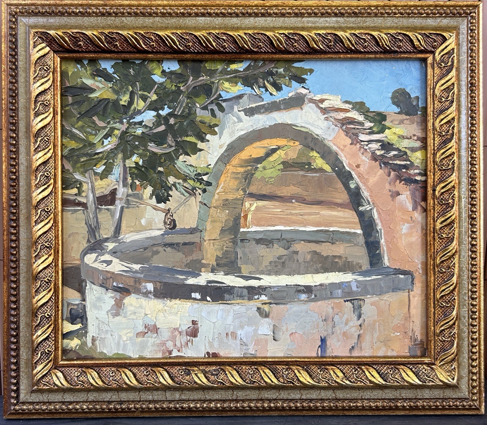 Original Oil Painting Stone Well Mediterranean Courtyard Impressionist Framed