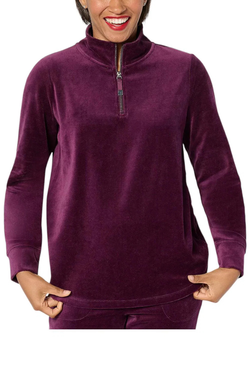 Denim & Co. Active Women\'s Velour Quarter Zip Top Deep wine