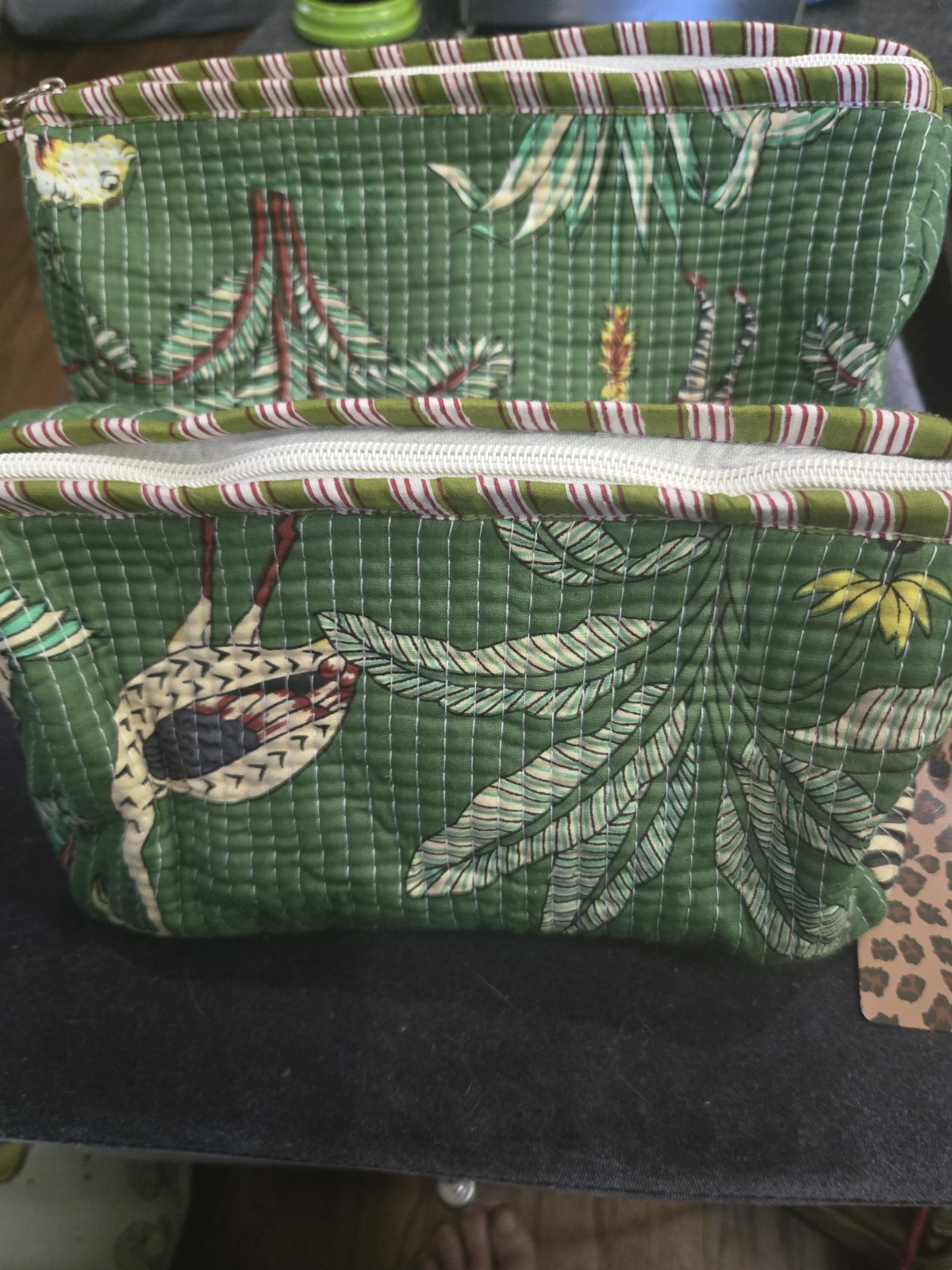 Indian Quilted Green Forest Animals Toiletry Makeup Bags Large Medium Retail $56