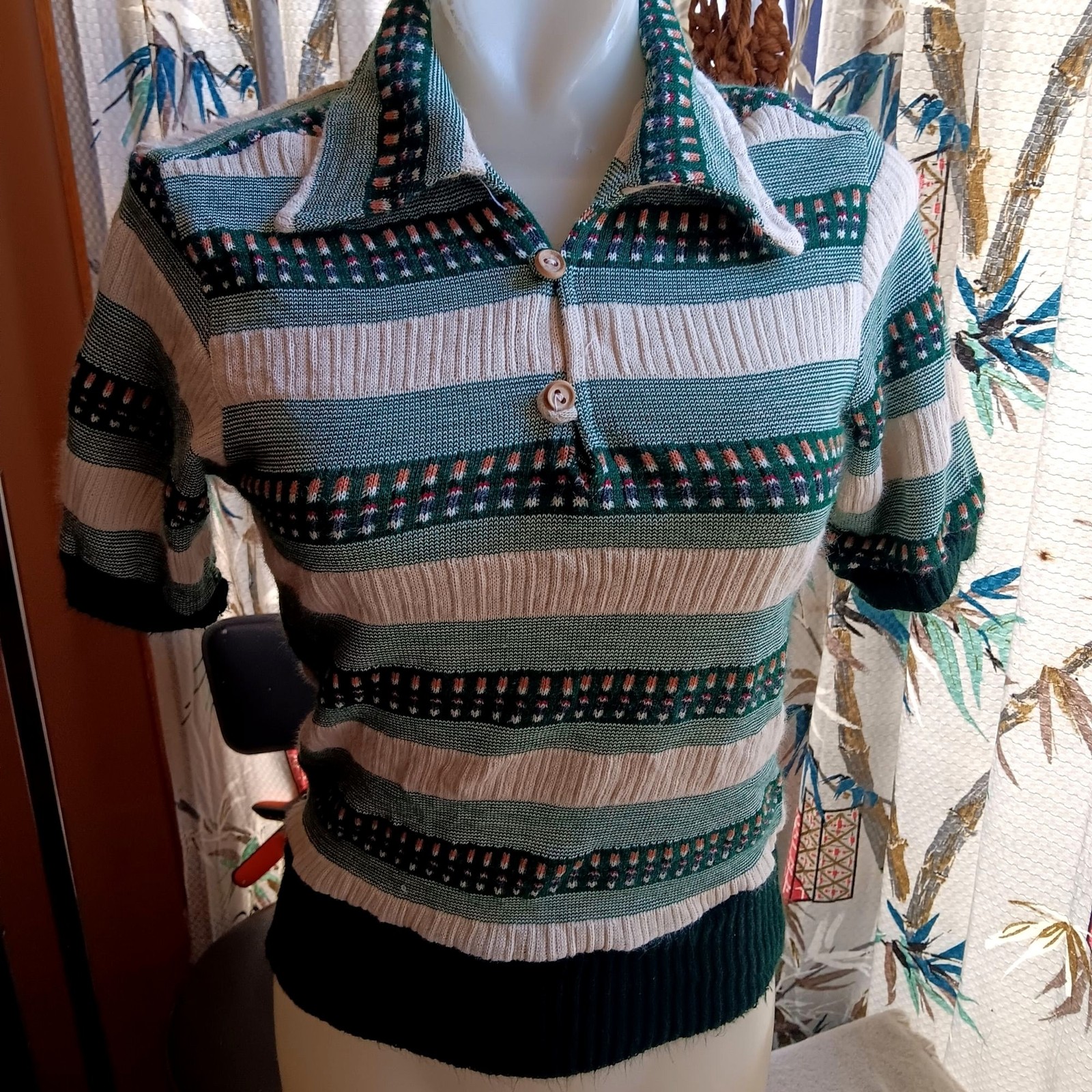 Vintage Madman Small 1970\'s Goucho Top Womens Boho Green White Stretch Knit Polo