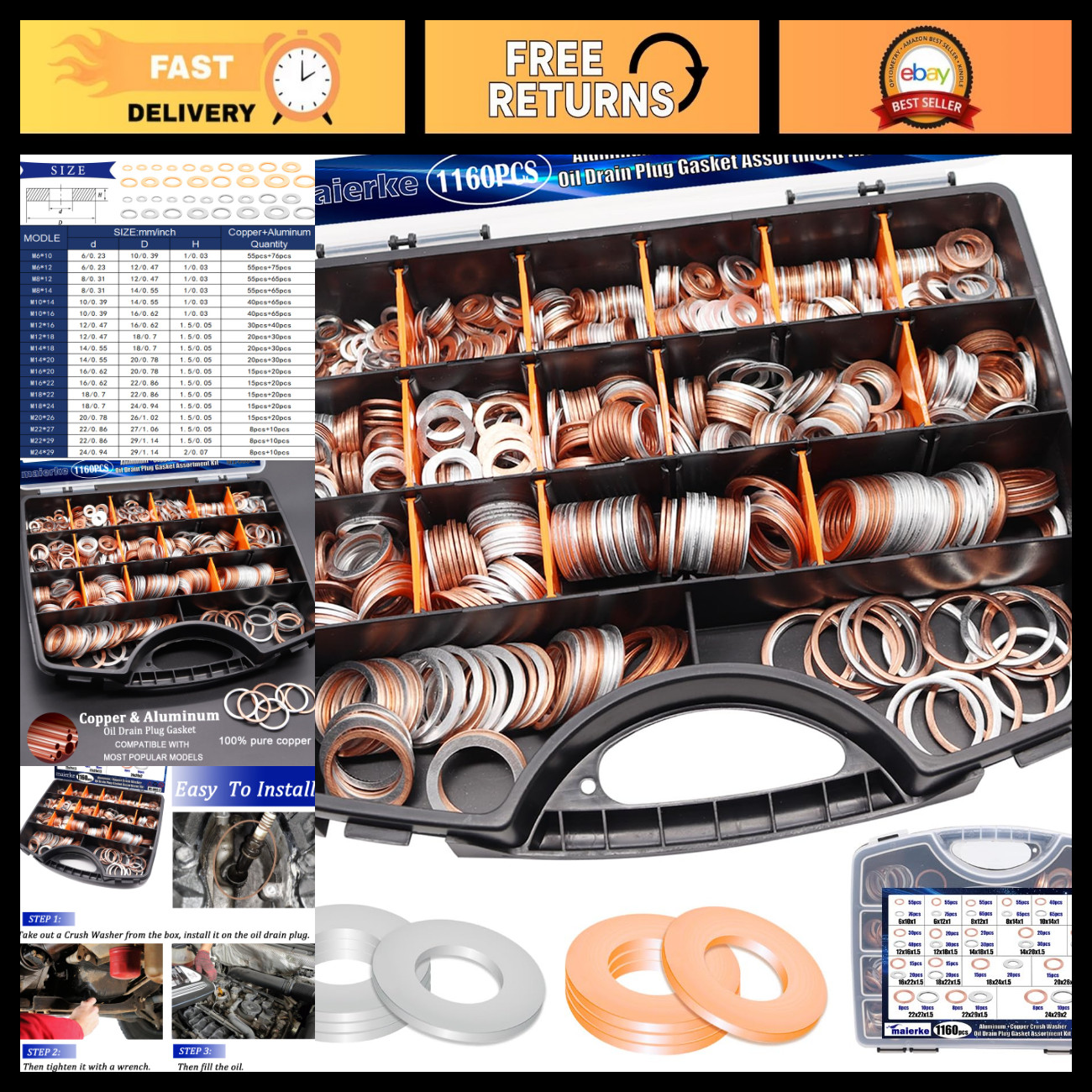 1160PCS Oil Drain Plug Crush Washers Assortment - 18 Sizes Copper & Aluminum Gas