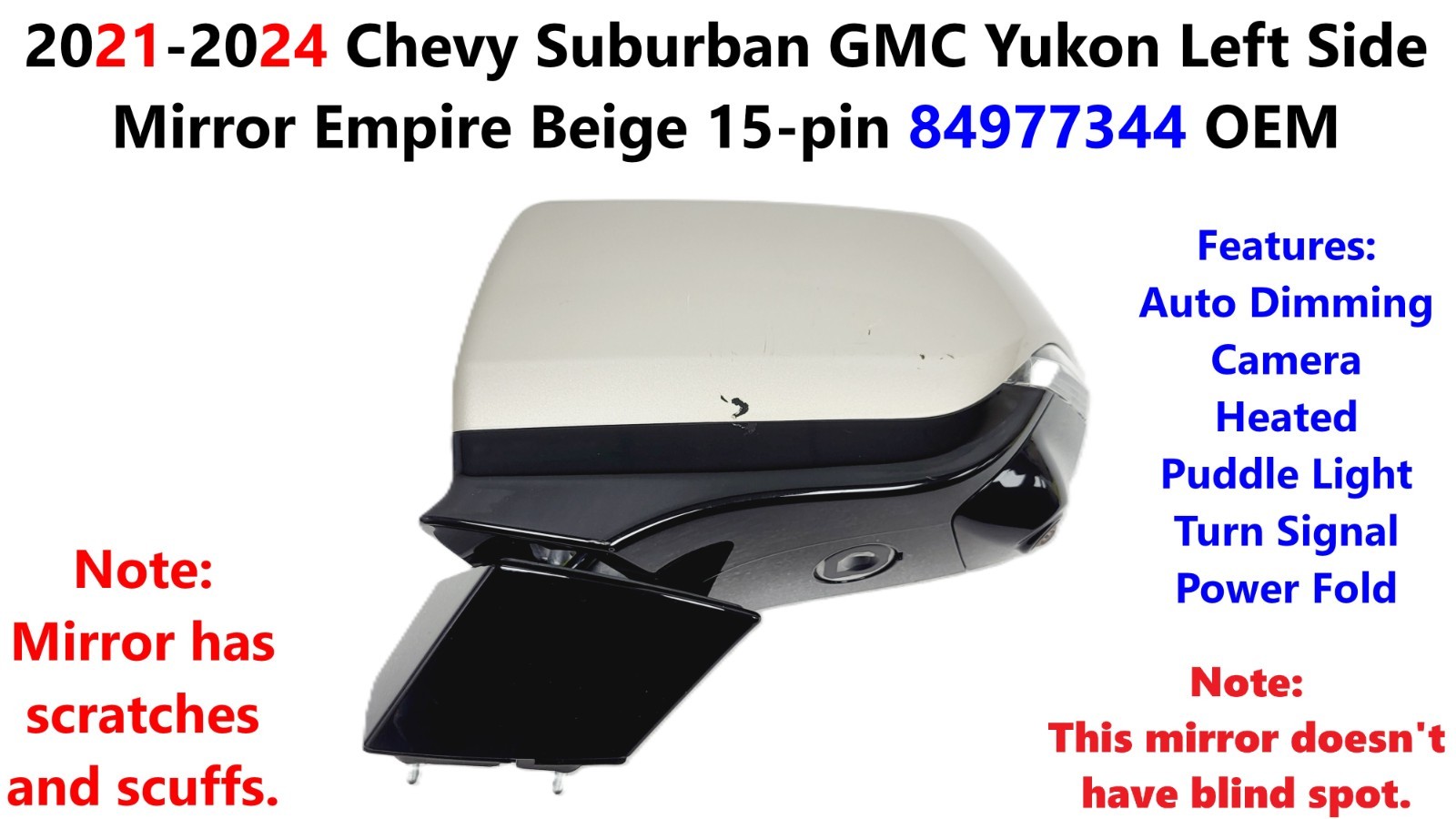 Side Mirror 2021 -24 Chevy Suburban GMC Yukon Left Empire Beige 15-pin 84977344 Side Mirror 2021 -24 Chevy Suburban GMC Yukon Left Empire Beige 15-pin 84977344