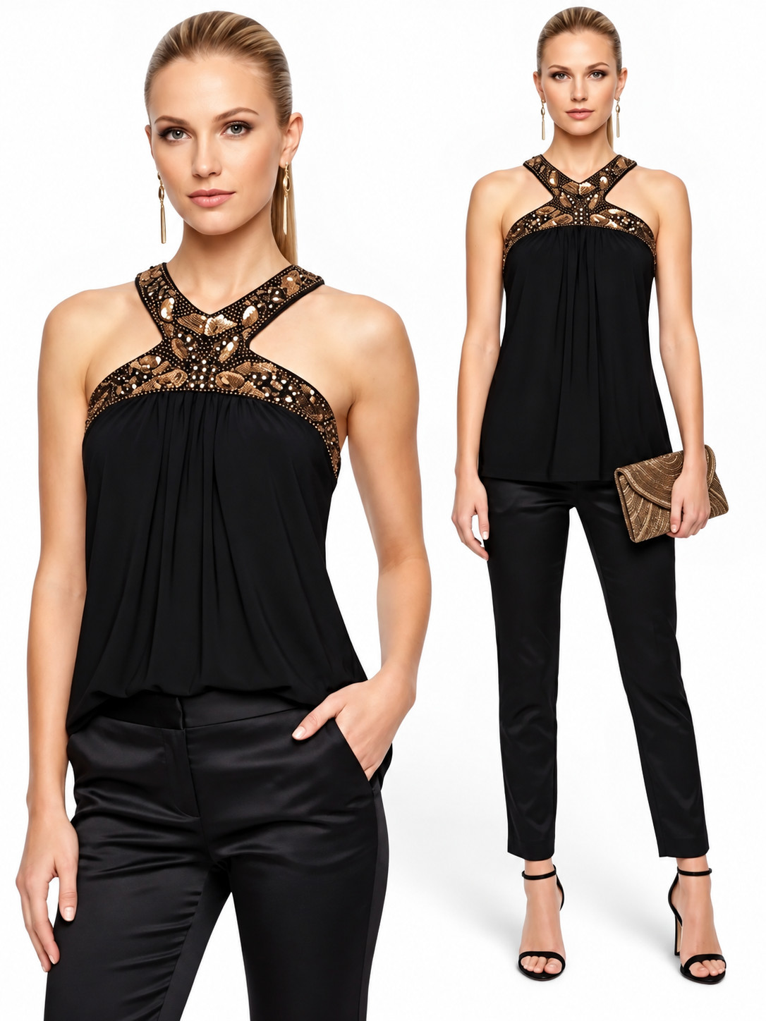 New Cache Women’s XS Black Gold Beaded Sequin Halter Top NWT Evening NWT